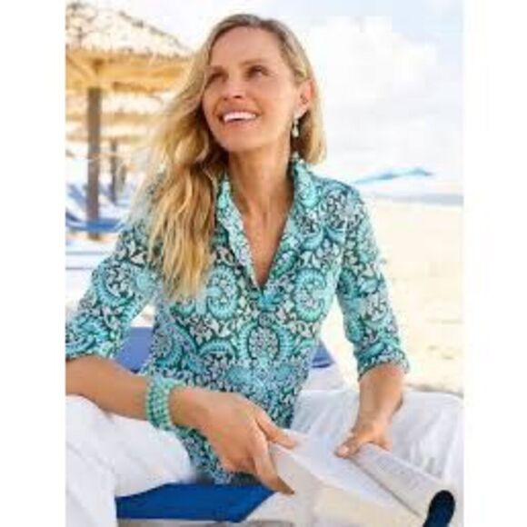 Talbots Plus Fanciful Paisley Button Front Top Blouse Sz 3X Teal - Picture 1 of 11